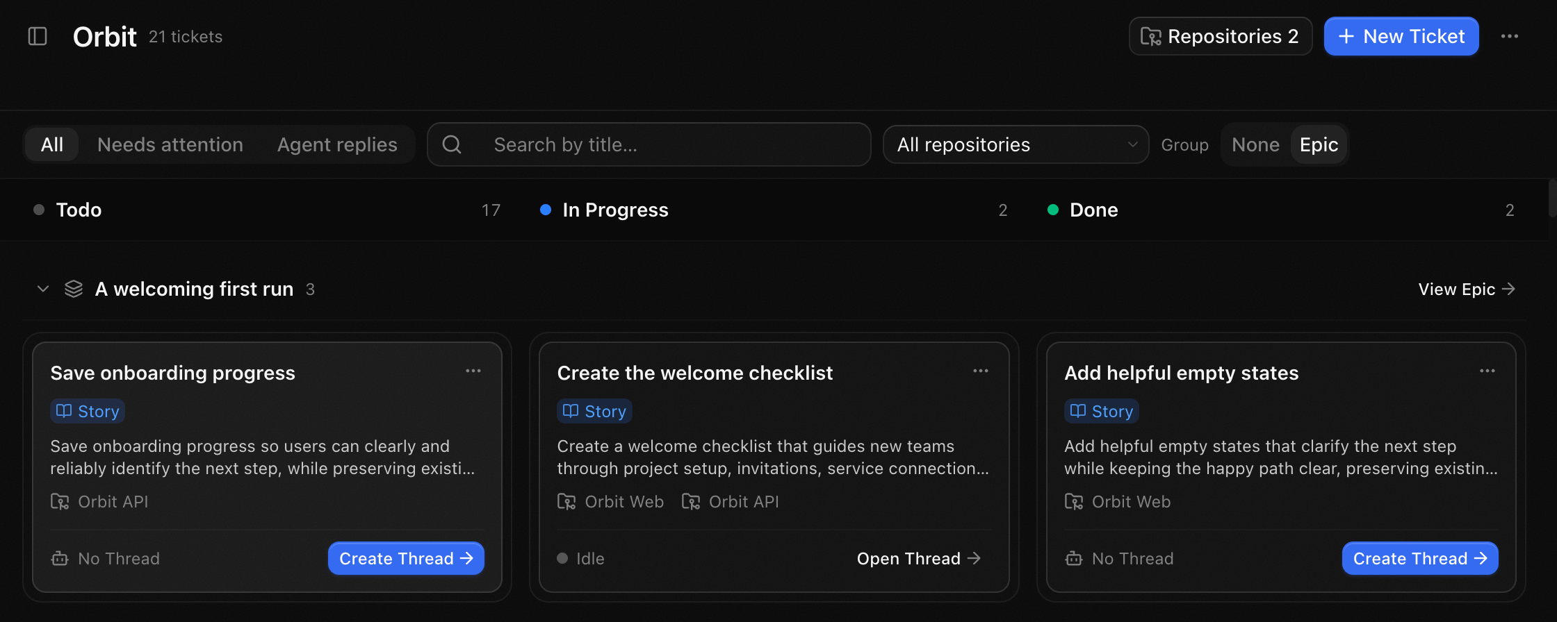 Orbit Workbench Board with Tickets spanning Orbit Web and Orbit API across workflow statuses