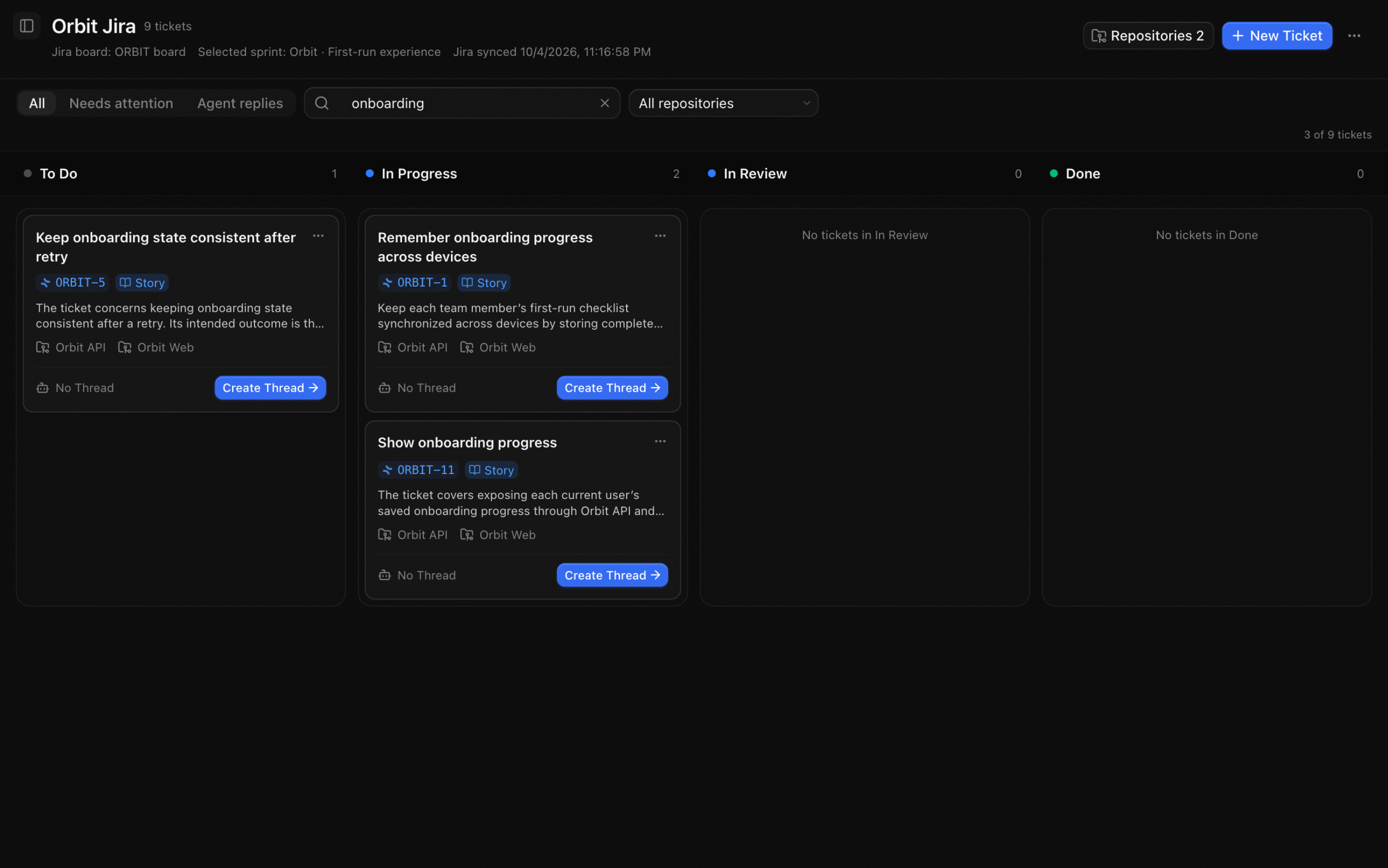 Workbench Jira board showing the selected sprint, sync timestamp, and issue statuses