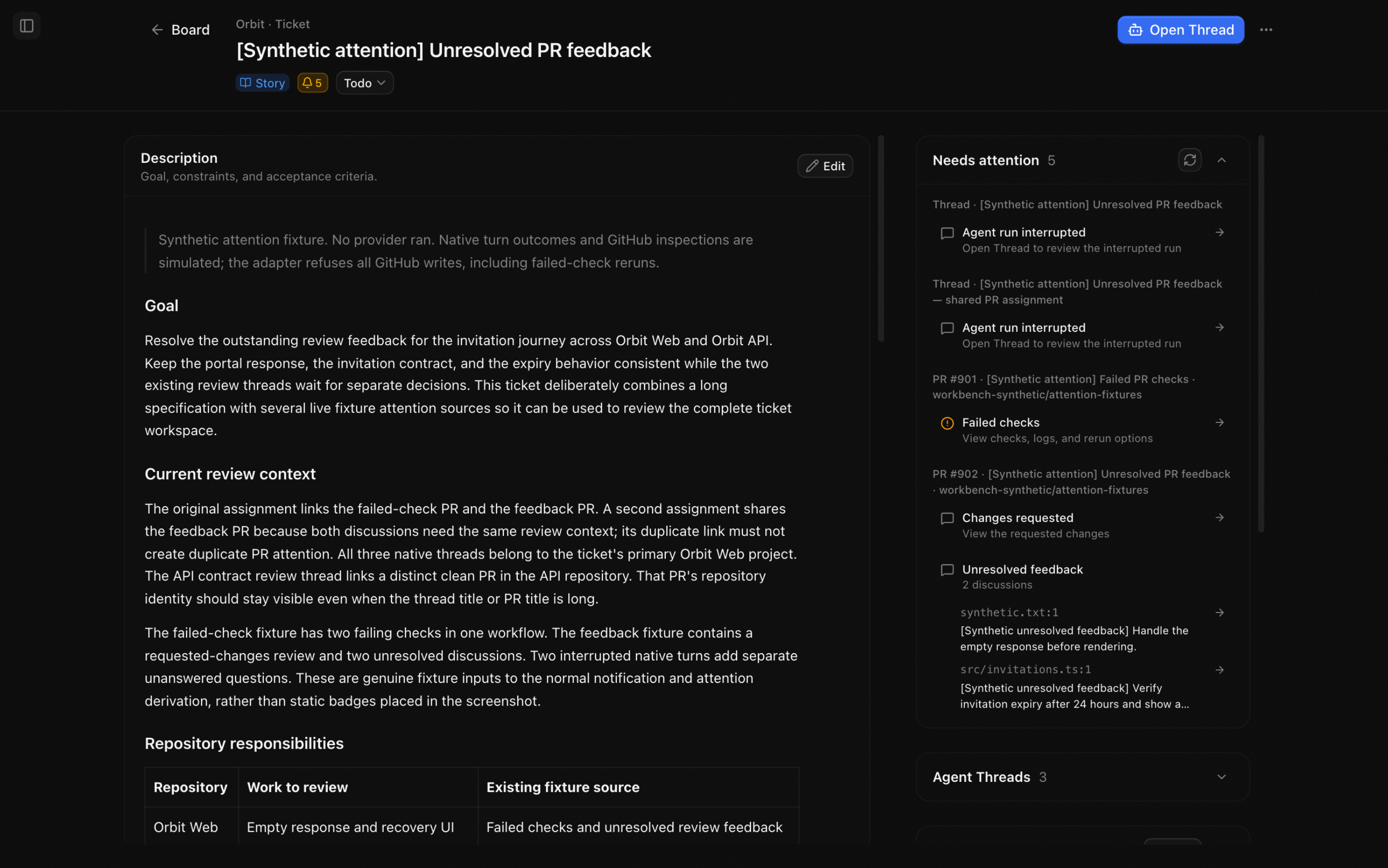 Ticket Needs attention list with five signals from Threads and linked pull requests