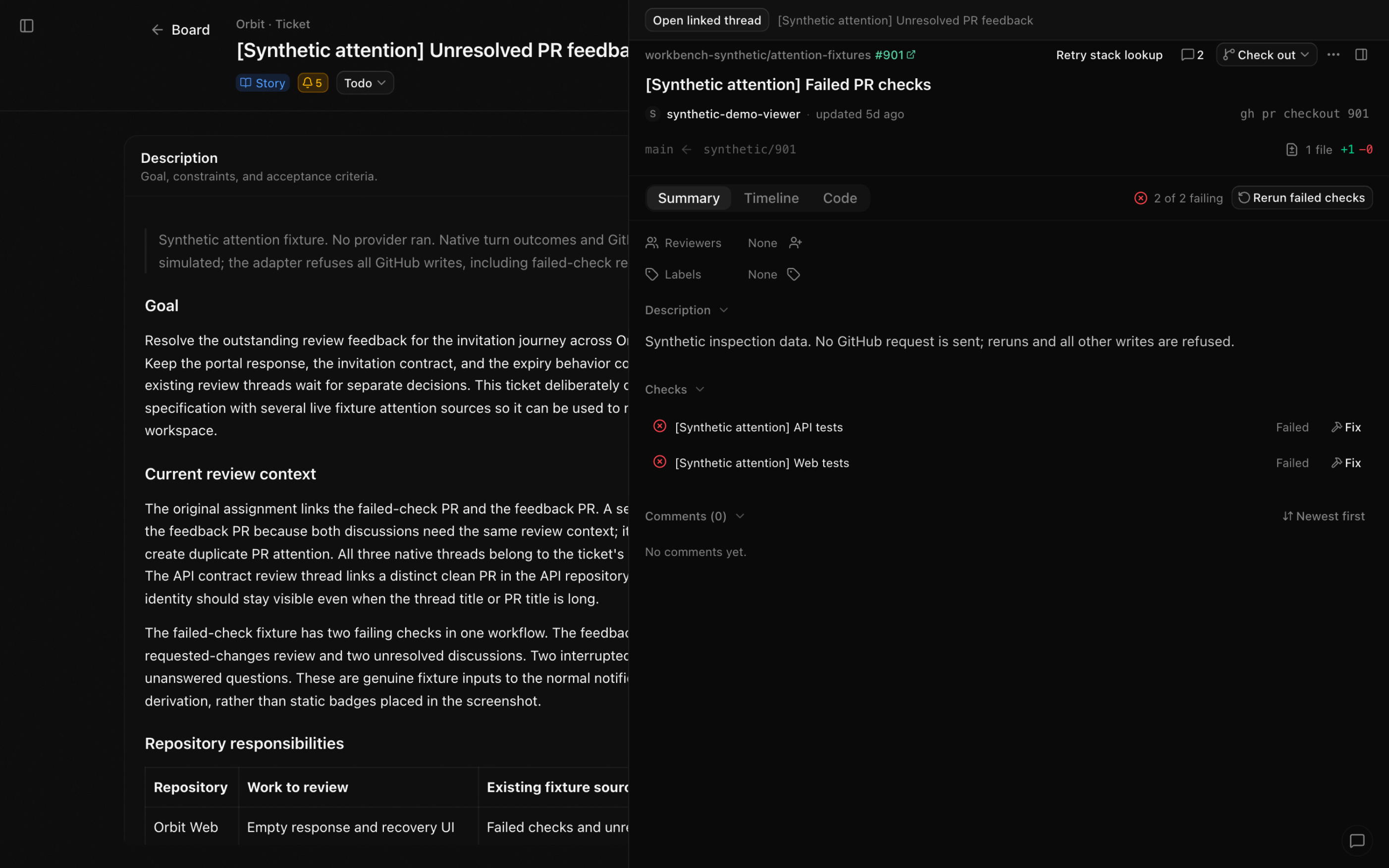 Native pull request panel over a demo Ticket showing its summary and failing checks