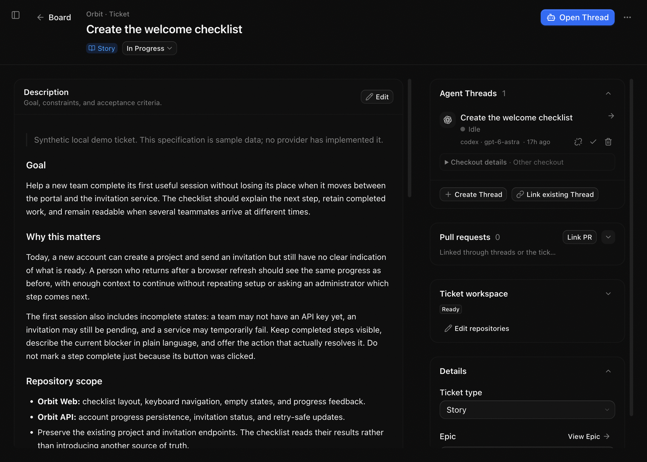 Workbench Ticket showing its description and linked native T3 Threads