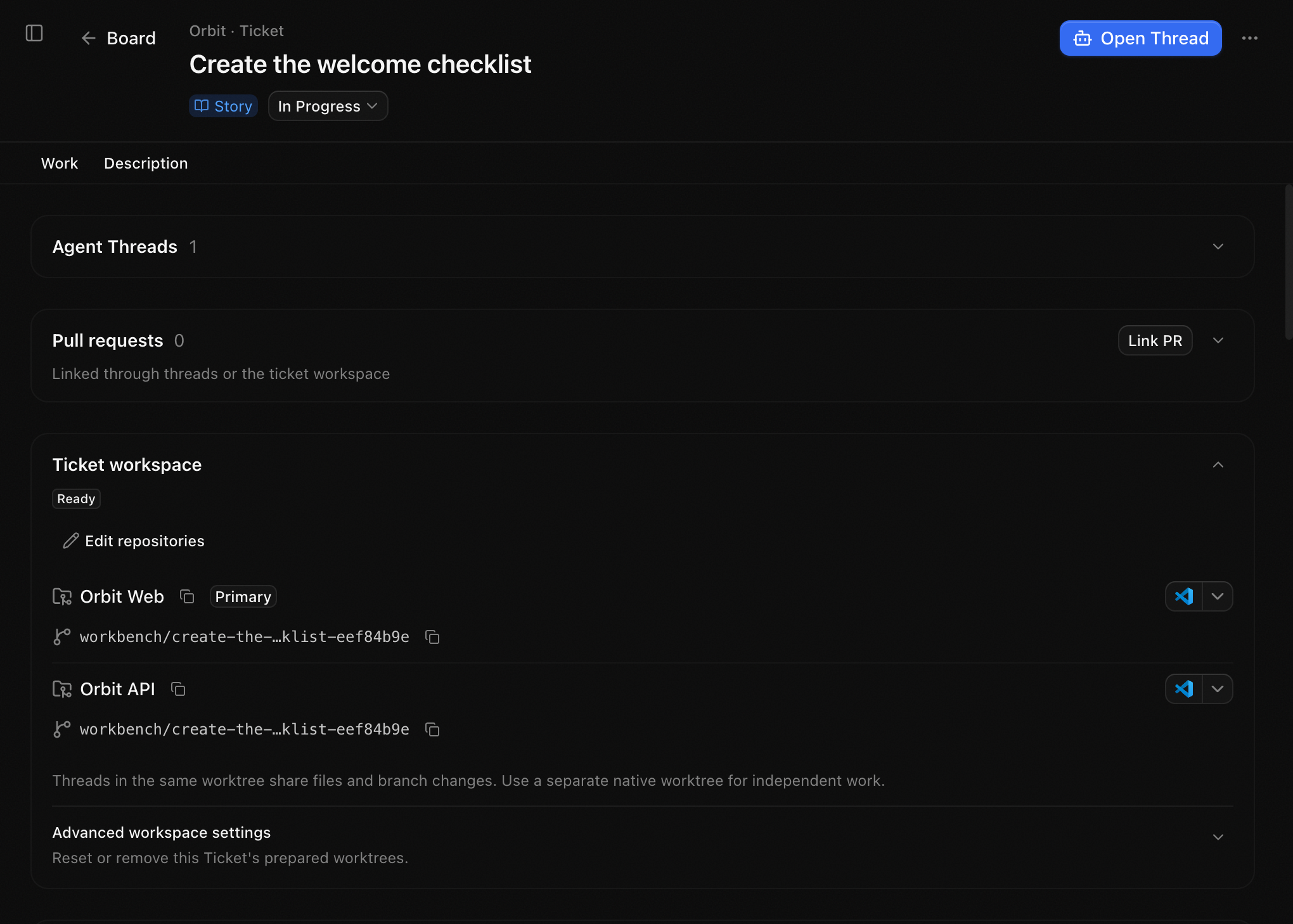 Prepared Ticket workspace showing repository worktrees